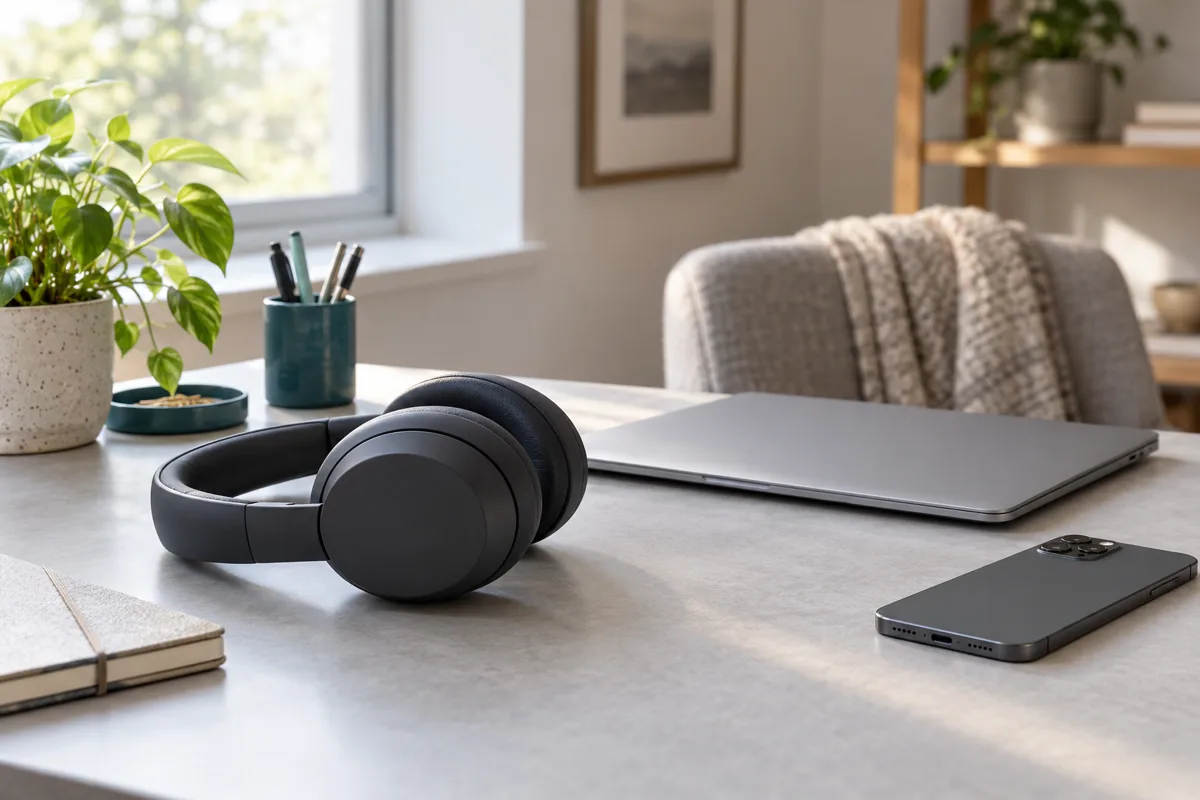 Illustrative workspace with unbranded headphones, a laptop and a phone