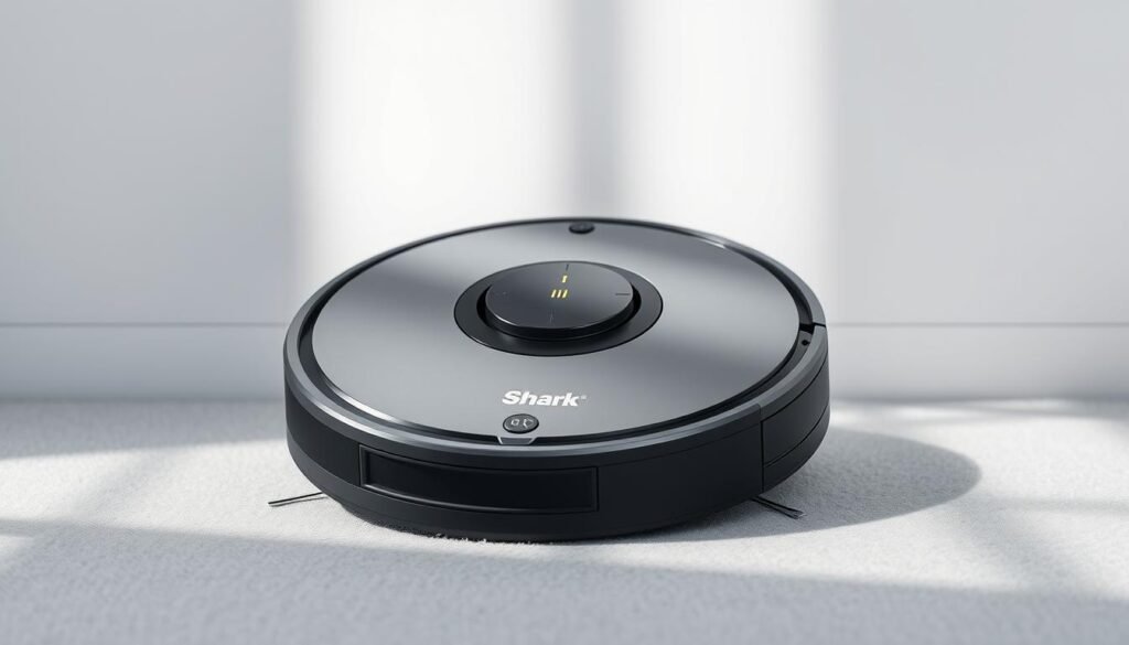 A sleek and modern Shark AV2511AE Robot Vacuum Cleaner standing prominently in the center of the frame. The device's distinctive black and gray color scheme is accentuated by soft, directional lighting that casts subtle shadows, creating depth and dimension. The robot's circular design and advanced sensors are clearly visible, hinting at its technological capabilities. The background is a minimalist, clean space, allowing the Shark AV2511AE to be the focal point. The overall composition conveys a sense of efficiency, innovation, and the Gezmopro brand's commitment to high-quality home cleaning solutions. A sleek and modern Shark AV2511AE Robot Vacuum Cleaner standing prominently in the center of the frame. The device's distinctive black and gray color scheme is accentuated by soft, directional lighting that casts subtle shadows, creating depth and dimension. The robot's circular design and advanced sensors are clearly visible, hinting at its technological capabilities. The background is a minimalist, clean space, allowing the Shark AV2511AE to be the focal point. The overall composition conveys a sense of efficiency, innovation, and the Gezmopro brand's commitment to high-quality home cleaning solutions.