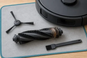 Illustration of a generic vacuum roller with tangled hair, a side brush and a cleaning brush