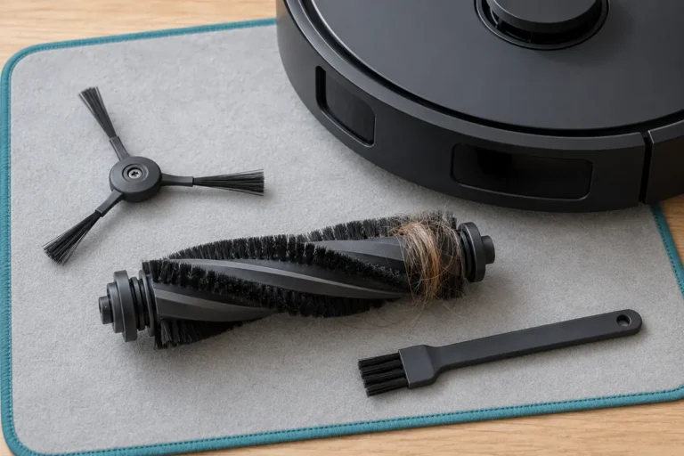 Illustration of a generic vacuum roller with tangled hair, a side brush and a cleaning brush