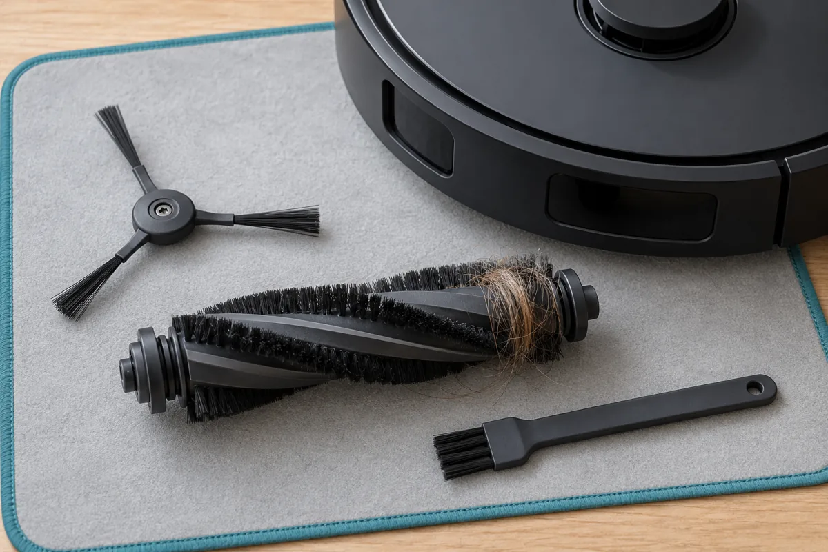 Illustration of a generic vacuum roller with tangled hair, a side brush and a cleaning brush