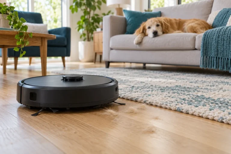 Illustration of a generic robot vacuum near a rug while a dog rests on a sofa