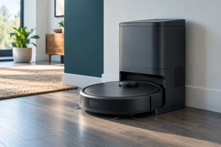 Illustration of a generic robot vacuum parked at a self-emptying station