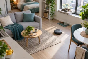 Illustration of a compact apartment with a robot vacuum, cat and separate feeding area